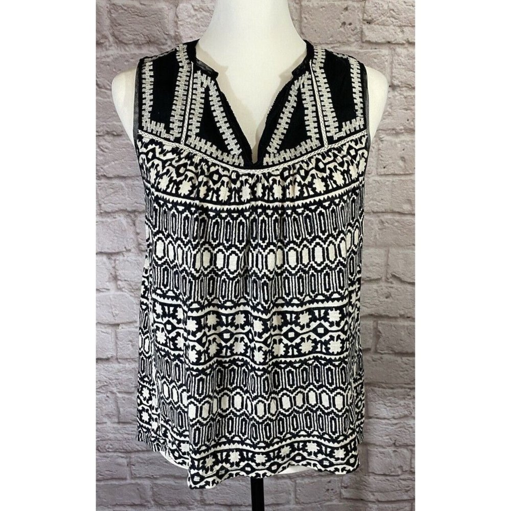 Meadow Rue Anthropologie XS Black White Embroidered Swing Tank Top Shirt‎ 9231
